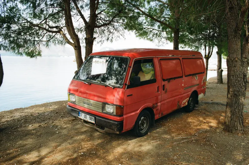 A red van parked beneath trees beside the sea