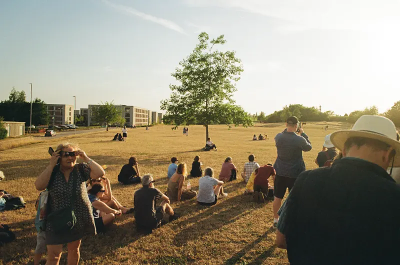 Friends gathered on a sunlit grassy slope